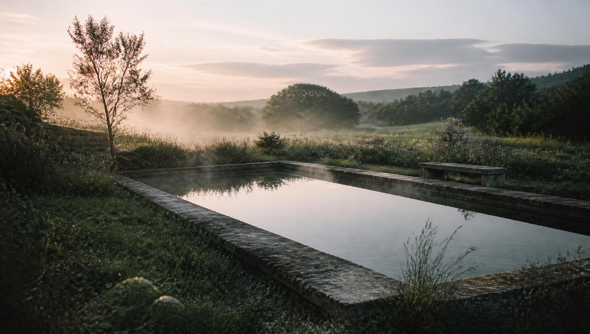 Natural swimming pool integrated into a British meadow at dawn